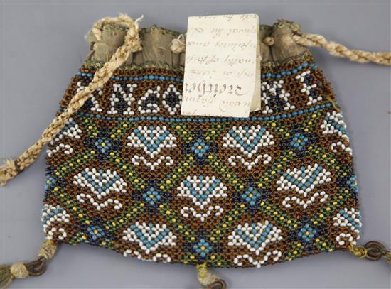 A James I beadwood purse, inscribed AN.GOLDSMETHSPRUS, 1623, 5.5 x 4.5in.